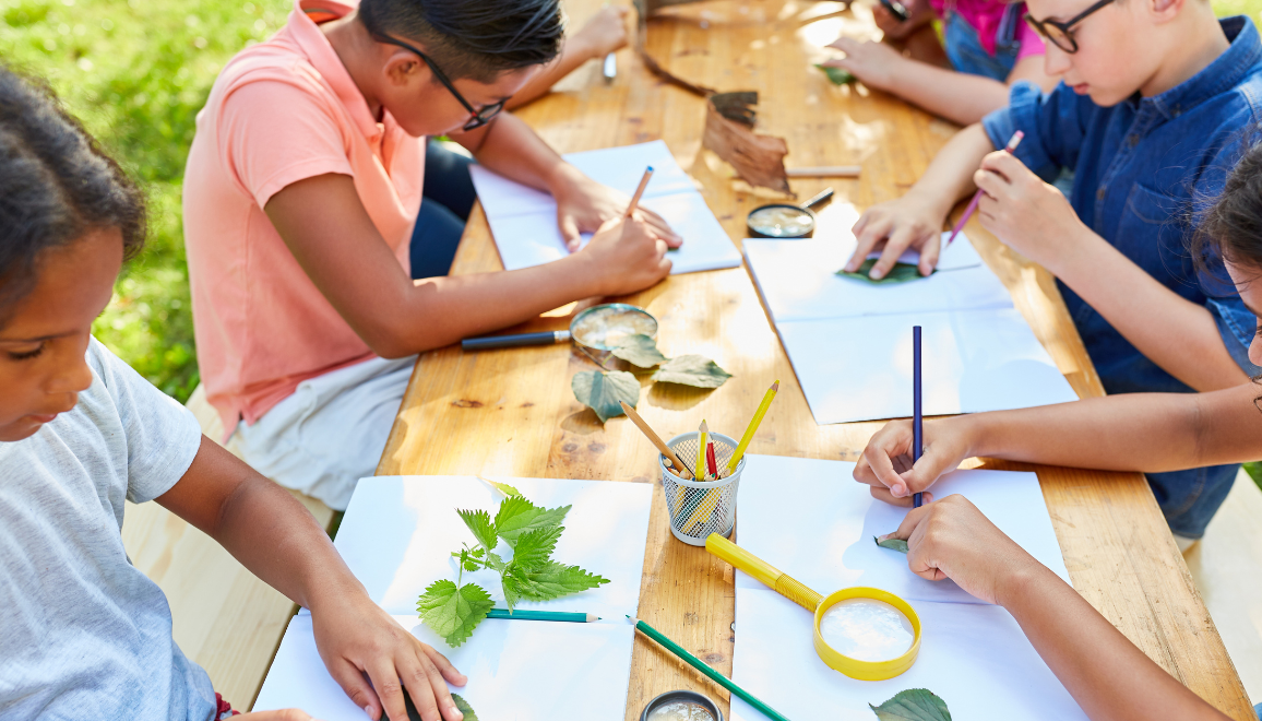 group of kids sitting on a picnic table drawing plants