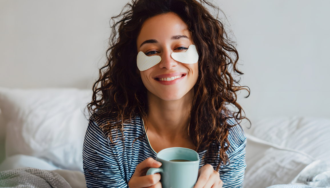 woman looking relaxes while having a skin care pads and holing a cup